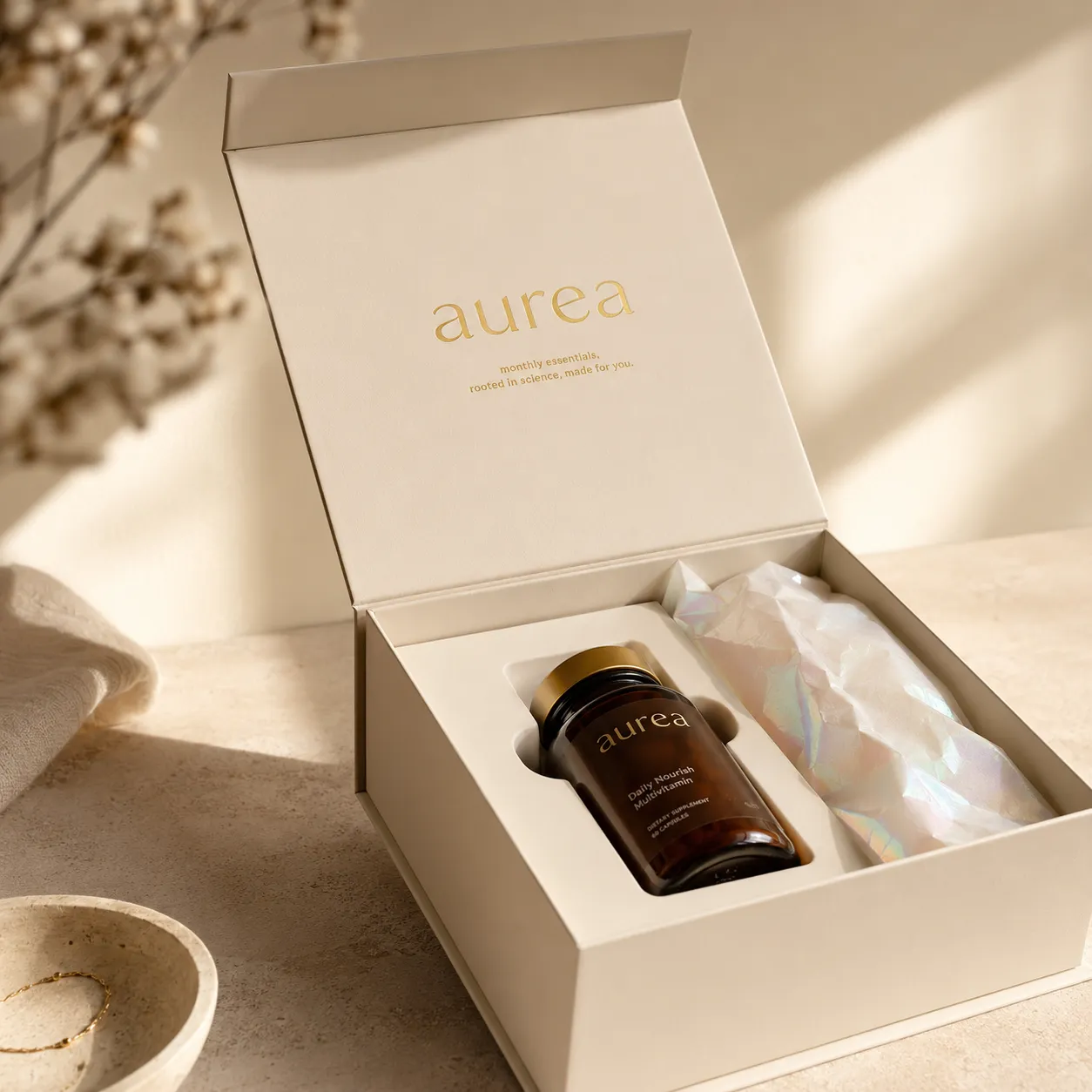 Caixa ritual Áurea com frasco âmbar